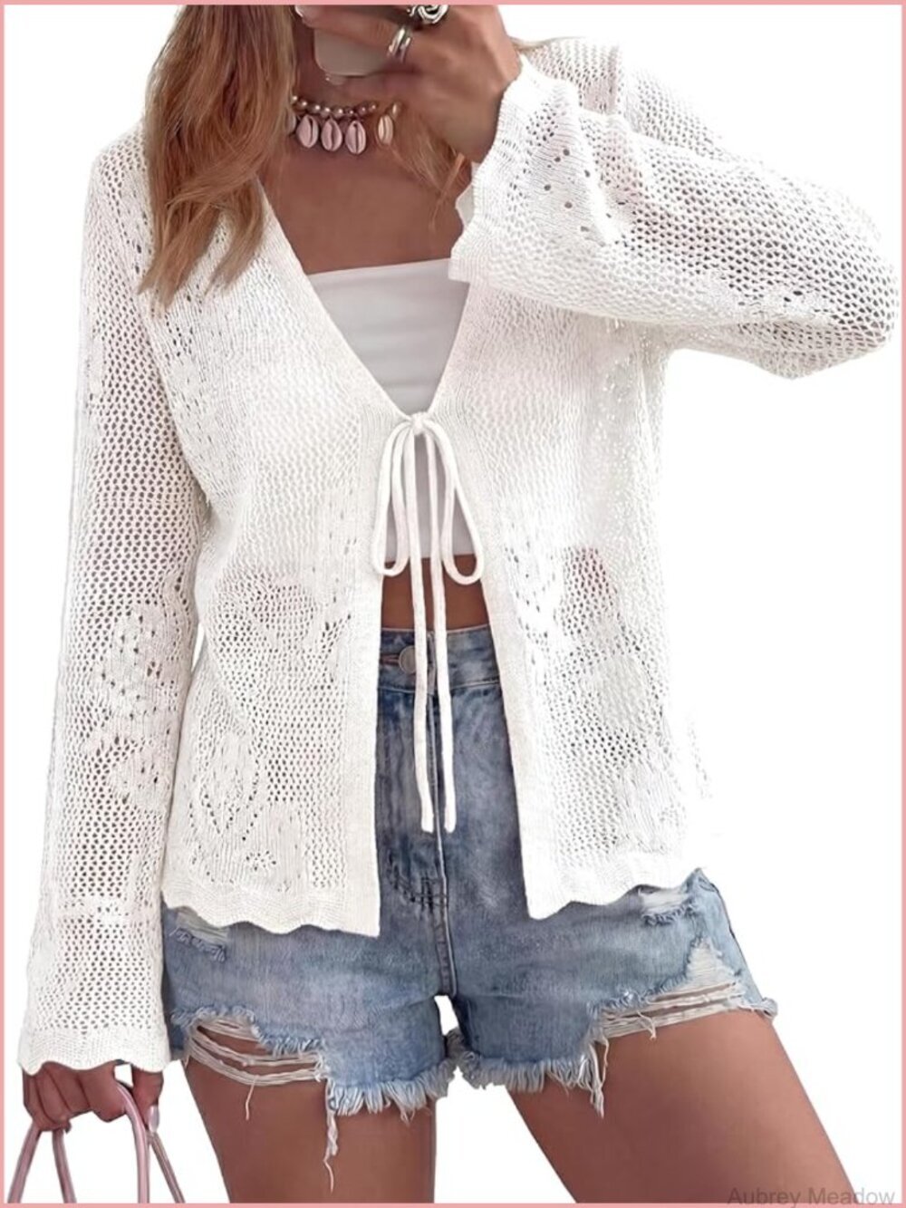 Lightweight Crochet Hollow Out Long Bell Sleeve V-Neck Tie Front Cardigan